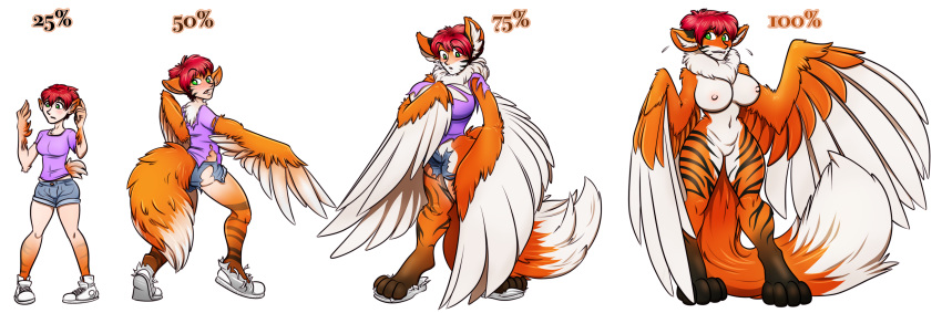 2016 absurd_res anthro ass avian big_breasts bodily_fluids bottomwear breast_expansion breasts canid canine clothing digitigrade feathery_wings felid female flying_sweatdrops fox genitals growth hair harpy hi_res humanoid kyla_thompson long_tail mammal nipples nude pantherine pussy rear_view red_hair riddleaugust sequence shirt shorts simple_background solo standing stripes surprise sweat sweatdrop tail_growth tiger topwear transformation white_background