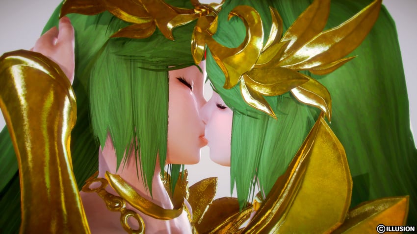 2girls 3d billyjenkins123 clone clones green_eyes green_hair honey_select kid_icarus kissing nintendo palutena selfcest twincest yuri