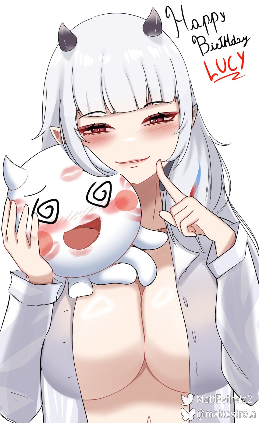 1girl 1girls absurdres big_breasts blue_streaks blunt_bangs blush breasts cleavage demon_girl demon_horns female grey_hair happy_birthday highres horns indie_virtual_youtuber large_breasts long_hair looking_at_viewer lucy_pyre mattestrela multicolored_hair pointy_ears red_eyes red_streaks seductive_smile shirt smile solo streaked_hair tits virtual_youtuber vtuber white_background white_shirt