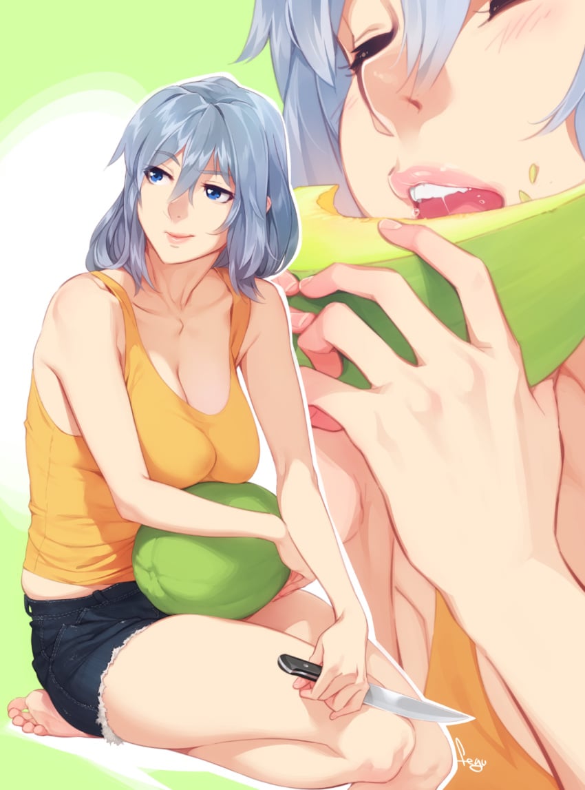 big_breasts blue_eyes blush breasts eating feet feguimel karina_(feguimel) knife looking_away melon no_bra open_mouth short_hair silver_hair toes