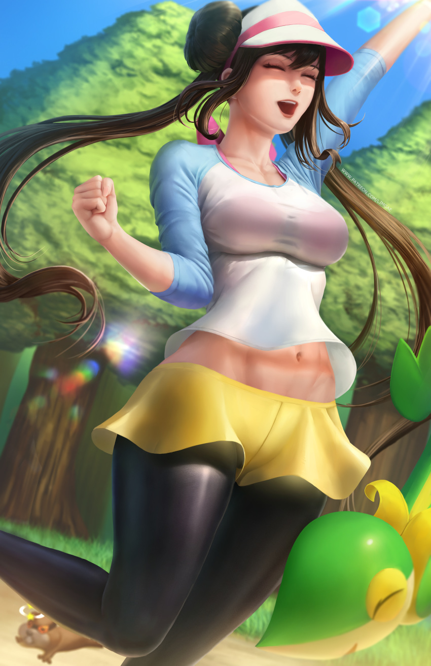 1girls abs black_legwear blurry blurry_background breasts brown_hair celebration cleavage closed_eyes clothed clouds day female fist grass hat high_resolution highres human human_only larger_female limgae long_hair navel nintendo open_mouth outdoors pantyhose patrat patreon pokemon pokemon_(species) pokemon_bw pokemon_bw2 rosa_(pokemon) size_difference sky snivy solo_focus source_request text thick_thighs tree twintails url watermark wide_hips