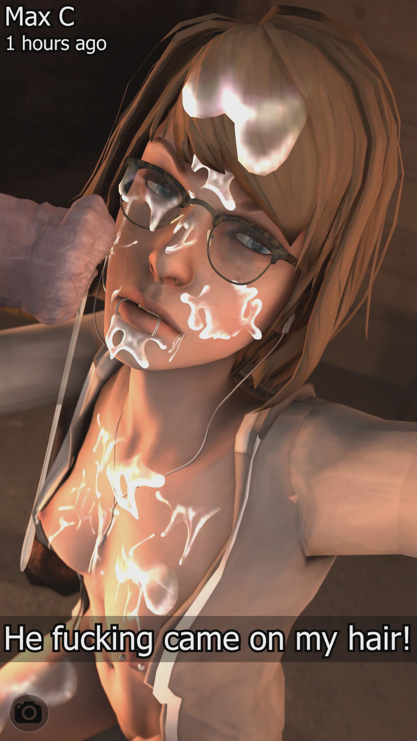 1boy 1girls 3d absurdres animal_genitalia areolae breasts cum cum_on_breasts cum_on_face cum_on_ground cum_on_hair erection facial female glasses highres horse horsecock huge_cock life_is_strange male max_caulfield movealongmate nipple_piercing nipples penis piercing selfie snapchat source_filmmaker text zoophilia