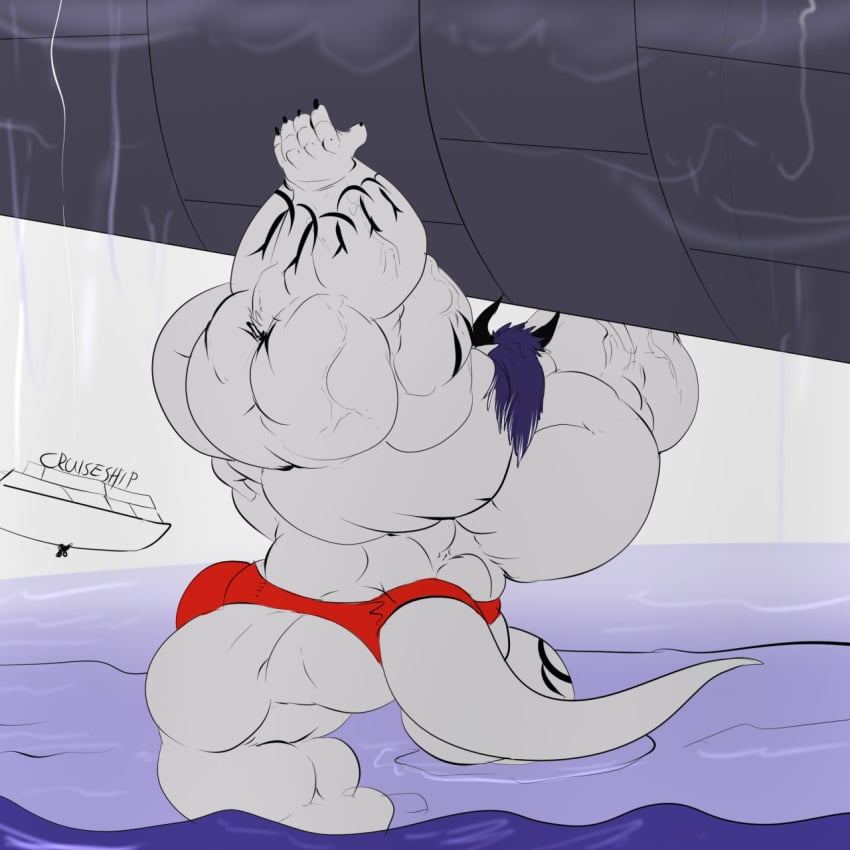 1:1 anthro az-solii big_muscles boat bovid bulge caprine clothing dragon fierglief goat growth hi_res horn huge_muscles hybrid hyper hyper_bulge hyper_muscles lifting macro male male_only mammal muscle_growth muscular rear_view sea ship speedo swimwear vehicle vein water