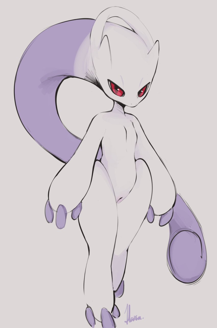 anthro female flat_chested genitals hatsumiilkshake hi_res legendary_pokemon mega_evolution mega_mewtwo mega_mewtwo_y mewtwo multicolored_body nintendo nude pokemon pokemon_(species) purple_body pussy red_eyes solo two_tone_body vagina white_body