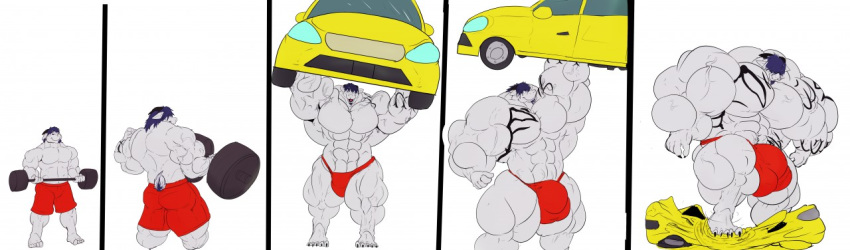 1boy 5_toes anthro az-solii ball_bulge balls balls_under_clothes big_muscles bovid caprine car clothing comic dumbbell fierglief flaccid genitals goat growth horn huge_cock huge_muscles hyper hyper_balls hyper_genitalia hyper_muscles hyper_penis male male_only mammal muscle_growth muscular muscular_male penis penis_bulge penis_under_clothes rear_view sequence simple_background speedo swimwear toes vehicle vehicle_damage vehicle_lifting vein weights white_background