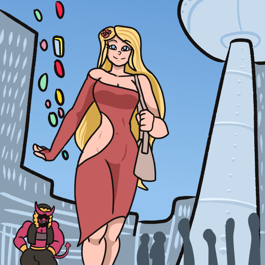 2girls bag being_watched big_breasts blonde_hair blue_eyes city cityscape comic demon handbag happy horns lana's_quest lana_wake multiple_girls muscular_female purse red_dress rose_in_hair sci-fi spaceship spade_tail sqootshy thin_waist tight_clothing walking