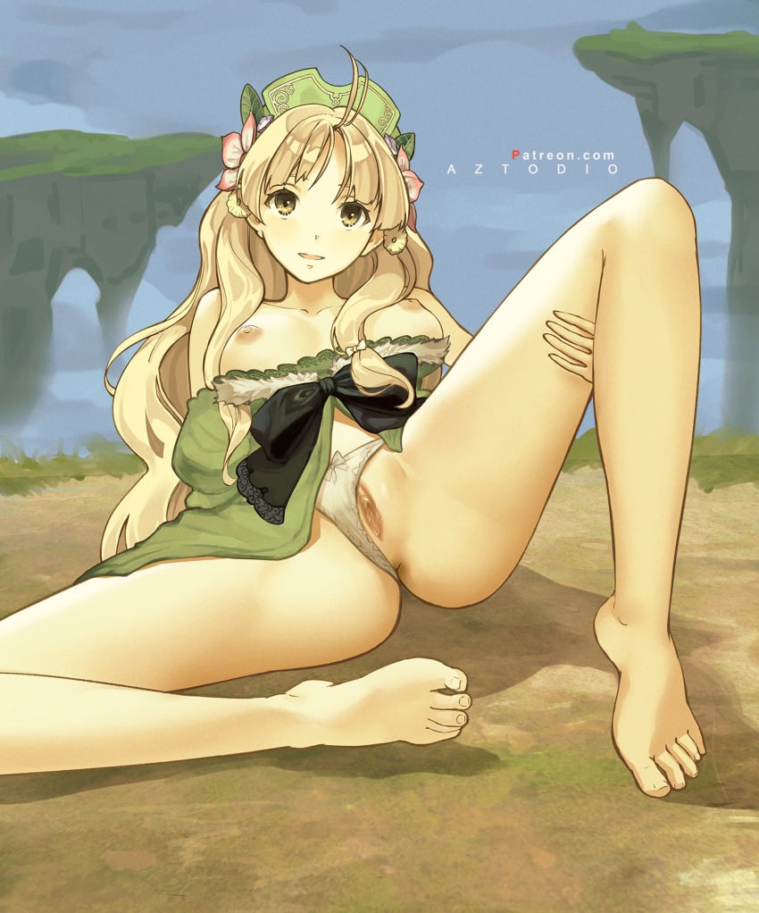 1girls arm_support artist_name atelier atelier_(series) atelier_ayesha ayesha_altugle azto_dio barefoot blonde_hair blush breasts brown_eyes censored dress dress_pull feet female flower green_dress green_skirt hair_flower hair_ornament hat highres long_hair mosaic_censoring nipples nude open_mouth outdoors panties pussy skirt smile solo spread_legs