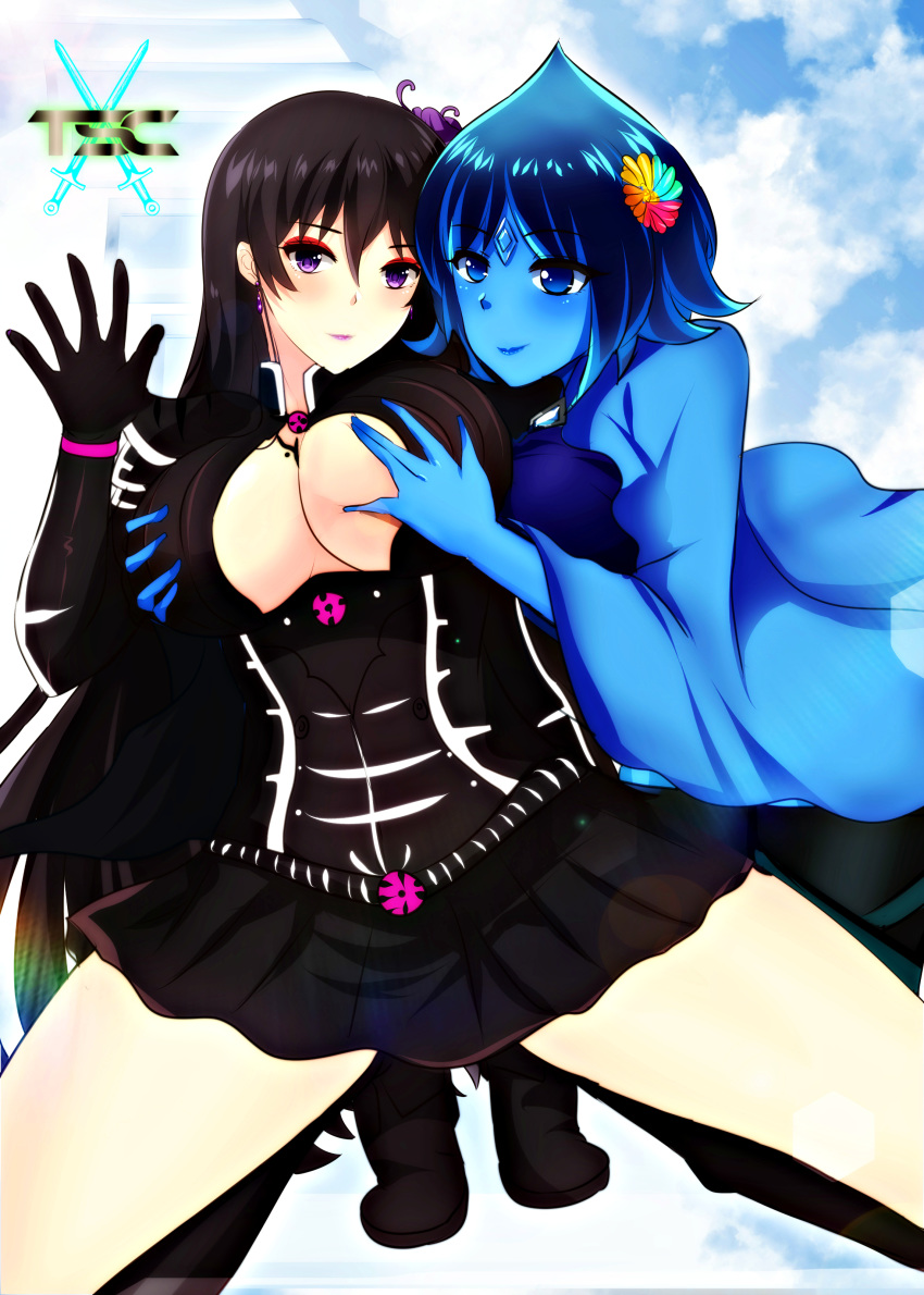 2girls bangs bedroom_eyes black_hair blue_eyes blue_hair blue_skin blush boots breast_grab breasts cloak clouds deathelena_recreigialas eyebrows_visible_through_hair eyeliner female female_only flower gloves highres jewelry logo long_hair looking_at_viewer original original_characters purple_eyes sacredcourage short_hair skirt sky smile stairs stockings the_legendary_tauran'creima the_legendary_tauran'creima:_star_beings_of_the_universe velcrimia_celestia