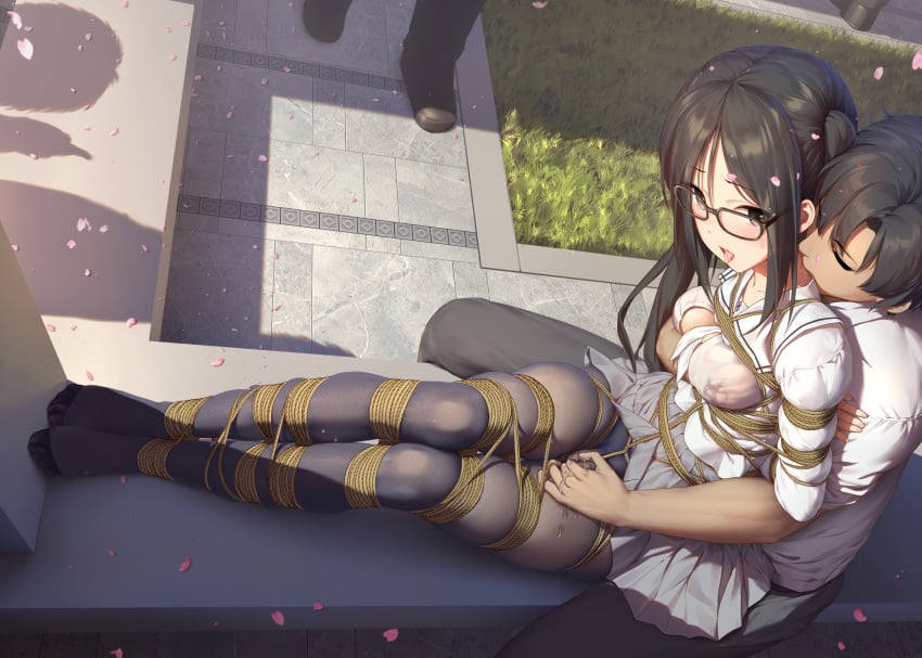 1boy 1girls akuta_hinako black_hair bondage breast_grab fate/grand_order fate_(series) female femsub glasses grabbing grabbing_from_behind grabbing_un groping groping_from_behind groping_under_clothes hand_under_clothes hand_under_shirt happy_sub helpless male maledom outdoors pantyhose pussy_juice rope short_hair tokinohimitsu tongue_out twintails yu_mei-ren_(fate)