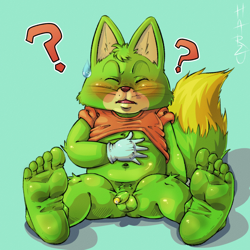 1:1 2020 ? absurd_res anthro balls belly blush canid canine closed_eyes clothing dragon_ball flaccid fox fur genitals gloves green_body green_fur handwear harzu hi_res humanoid_hands konkichi male male_only mammal navel penis shirt sitting slightly_chubby solo solo_male topwear