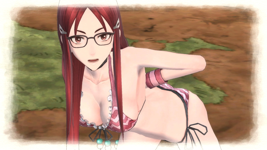 bending_forward bikini glasses large_breasts minerva_victor red_eyes red_hair screen_capture screenshot surprised swimsuit tagme valkyria_chronicles valkyria_chronicles_4