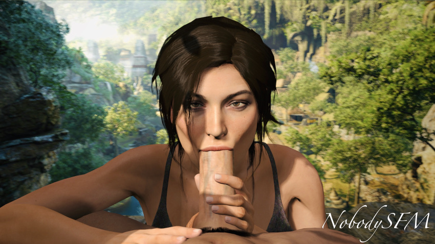 1boy 1girls 3d 3d_(artwork) :>= big_penis black_hair blowjob british brown_eyes brown_hair clothed clothed_female clothed_female_nude_male embracer_group european eye_contact fellatio female forest hi_res highres huge_cock lara_croft lara_croft_(survivor) large_penis light-skinned_female light-skinned_male light_skin looking_at_viewer male male_pov male_pubic_hair naughty_face nobodysfm nude nude_male oral pale-skinned_male pale_skin ponytail pov pov_eye_contact seductive_eyes seductive_mouth smile source_filmmaker straight tomb_raider tomb_raider_(survivor)