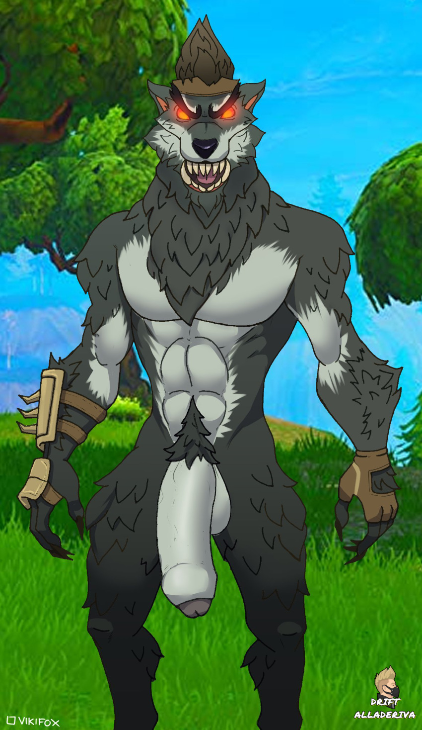 1boy anthro dire_(fortnite) drift_alladeriva fingerless_gloves fortnite furry glowing_eyes male male_only muscular muscular_male penis solo solo_male tagme