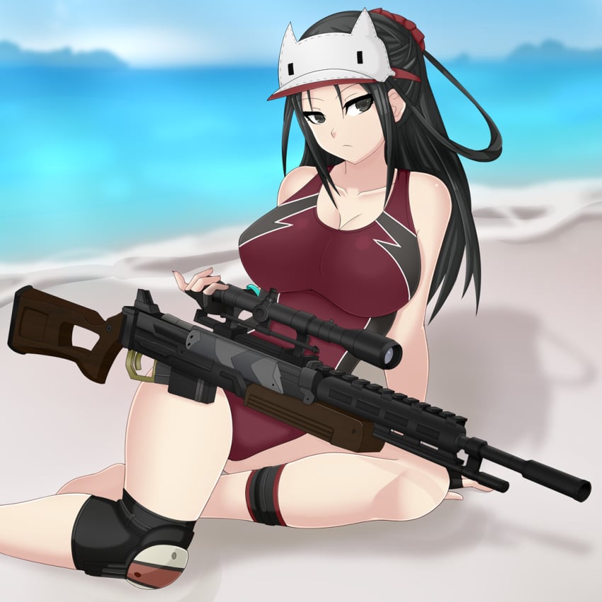 1girl 1girls 2020 2d 2d_(artwork) adult adult_female beach big_breasts black_hair breasts cap cleavage dark_eyes day daytime fair-skinned_female fair_skin female female_only firearm gray_eyes grey_eyes gun human human_female human_only kai_schulen kneeling kneepad kneepads large_breasts light-skinned_female light_skin long_hair looking_at_viewer no_sex not_ai_generated one-piece_swimsuit pose posing scoped sfw sniper sniper_rifle solo solo_female swimsuit valkyria_chronicles valkyria_chronicles_4 weapon young_woman