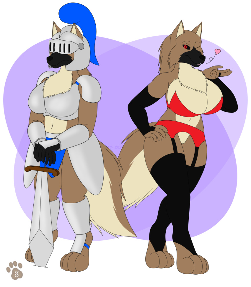 2020 4_toes anthro armor belgian_shepherd big_breasts black_sclera blowing_kiss breasts canid canine canis clothed clothing concept_art digital_media_(artwork) domestic_dog dual_persona female fingers frown fur genitals gloves handwear headgear heart helmet herding_dog hi_res huge_breasts knight ky_(malamute) legwear leona_the_brave_(-ky-) leona_the_depraved_(-ky-) lingerie looking_at_viewer mammal medieval_armour melee_weapon model_sheet multicolored_body multicolored_fur navel one_eye_closed open_mouth pastoral_dog plume pussy red_eyes sheepdog simple_background slit_visor smile standing stockings sword thick_thighs toes tongue warrior weapon wink