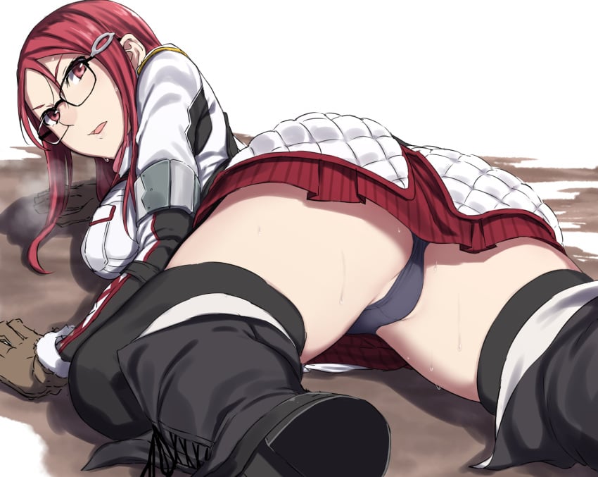 black_panties boots calm clothing combat_boots exposed_panties fully_clothed glasses gloves looking_at_viewer looking_back minerva_victor nagioka_(sblack) panties prone red_eyes red_hair snow steam stockings sweat upskirt valkyria_chronicles valkyria_chronicles_4 winter_uniform