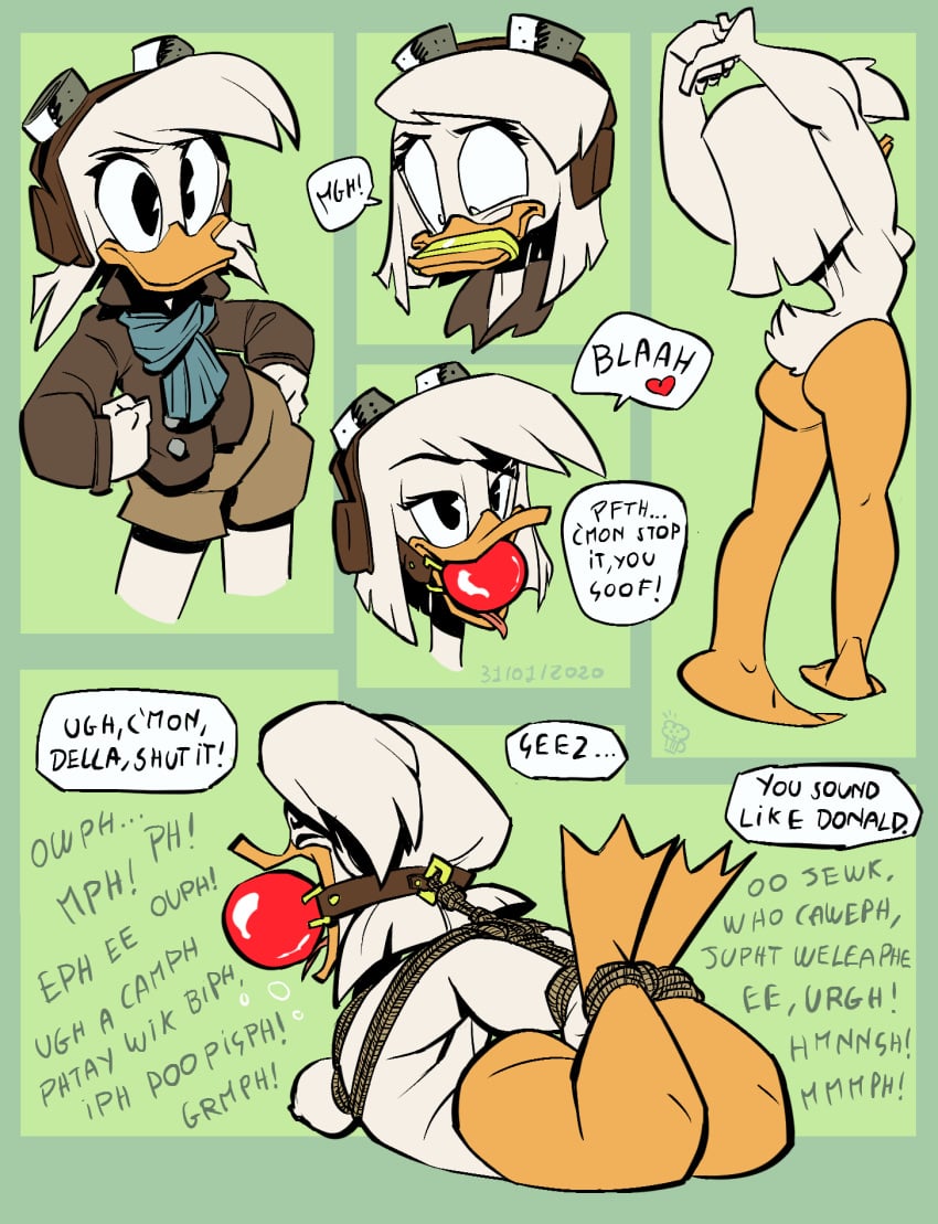 anatid anseriform anthro ass avian ball_gag beak bird bondage bound breasts della_duck digital_media_(artwork) disney duck ducktales_(2017) female forced gag gagged hi_res invalid_tag mammal nipples nude oddjuice pain simple_background torture