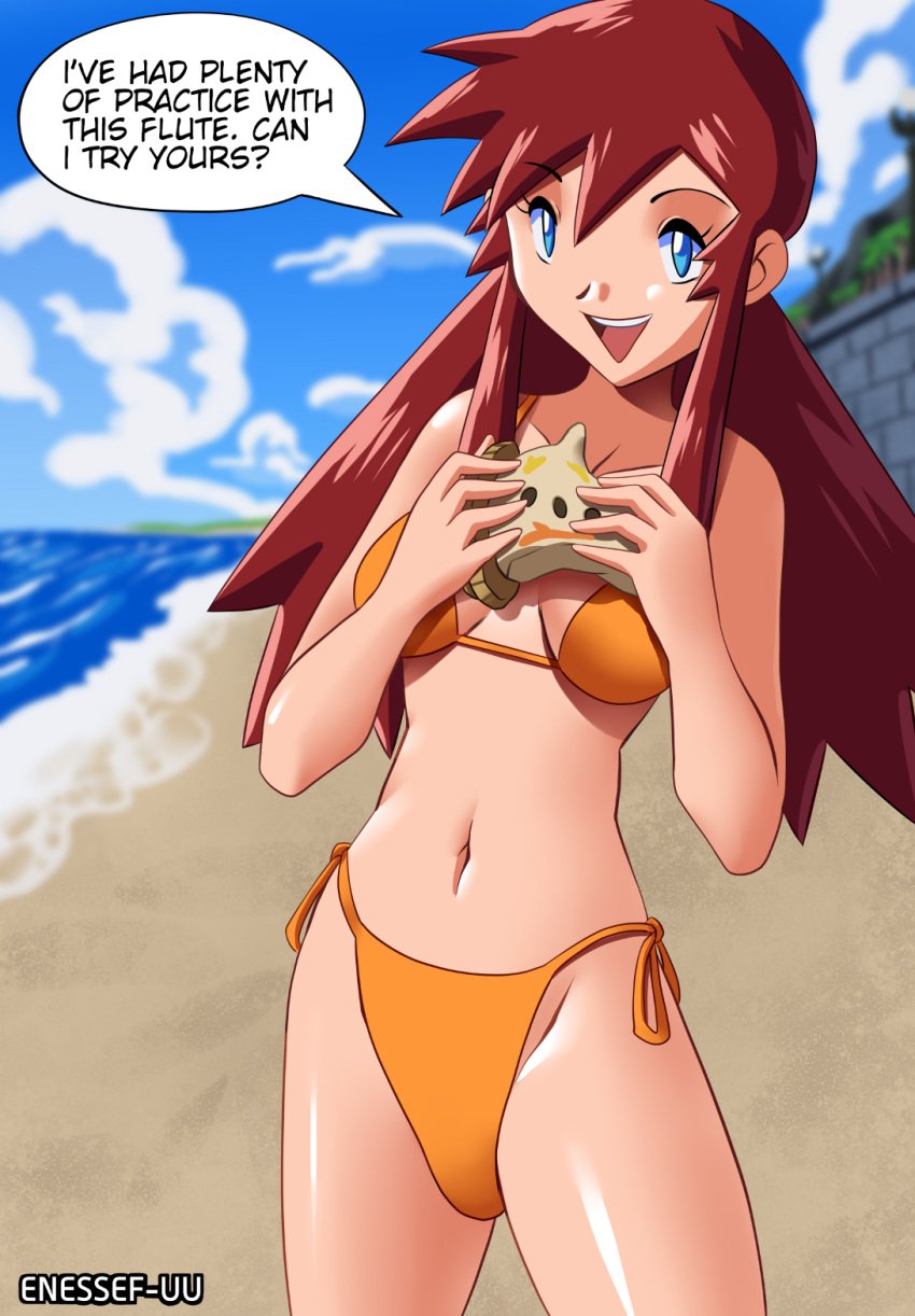 beach bikini blue_eyes brown_hair cloud enessef-uu english_text fleura_(pokemon) flute game_freak holding_object looking_at_viewer melody_(pokemon) midriff navel nintendo ocean open_mouth orange_bikini palm_tree pokemon pokemon_(movie) pokemon_gsc pokemon_the_movie_2000:_the_power_of_one shore speech_bubble stone_wall text thighs water watermark