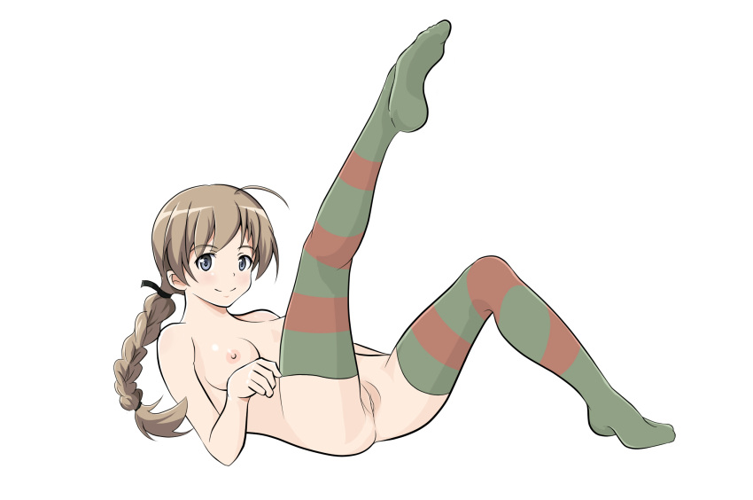 ahoge blue_eyes blush braided_ponytail breasts brown_hair closed_mouth female highres large_breasts legs_up long_hair looking_at_viewer looking_to_the_side lynette_bishop monousa nipples nude ponytail pussy shiny shiny_hair shiny_skin simple_background small_breasts smile solo stockings strike_witches striped striped_legwear thighhighs white_background world_witches_series