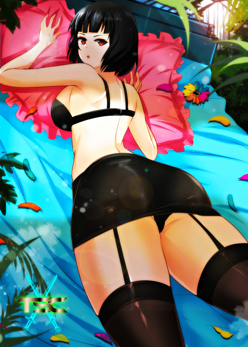 ass bangs bed bed_sheet bedroom black_hair bra breasts eyebrows_visible_through_hair female female_only flower flower_petals garter_straps grass greenhouse highres logo looking_at_viewer lying lying_down lying_on_bed lying_on_stomach original original_character pillow red_eyes sacredcourage serenity_addlebeen short_hair sideboob skirt stockings the_legendary_tauran'creima the_legendary_tauran'creima:_star_beings_of_the_universe thick_thighs thighs tree