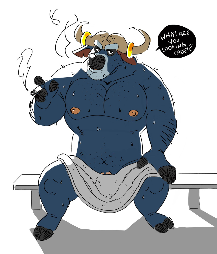 2020 anthro blue_body bovid bovine burrnie cape_buffalo chief_bogo disney english_text fur furry furry_only genitals hi_res male male_focus male_only mammal navel nipples penis simple_background sitting smoking solo sweat sweatdrop sweating text towel white_background zootopia