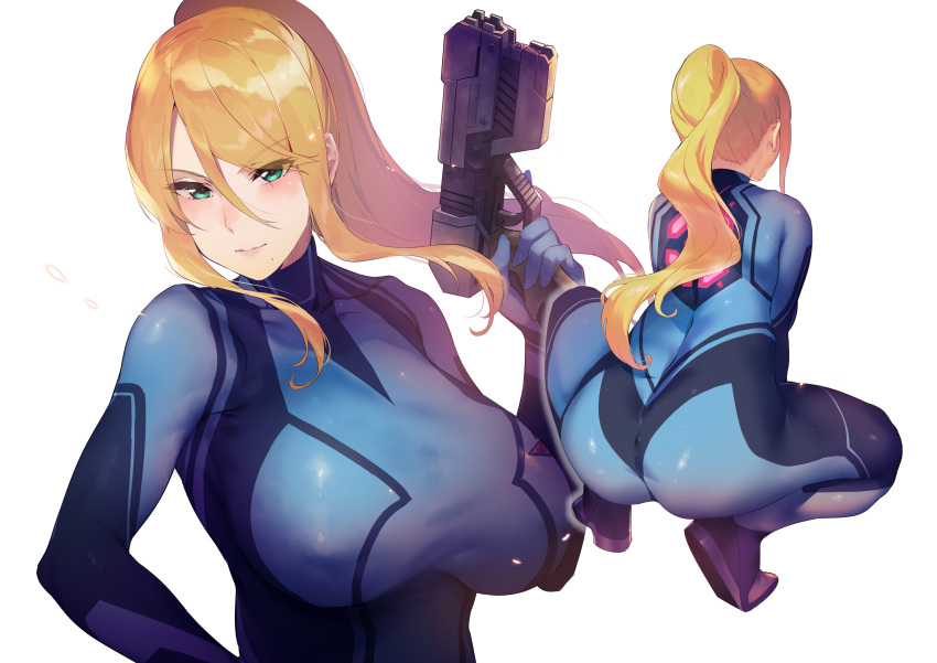 absurd_res alternate_breast_size ass back bangs big_breasts blonde_hair blue_bodysuit blue_eyes blush bodysuit breasts bubble_butt fanbox_reward female female_only firearm gun hair_between_eyes handgun high_ponytail highres holding holding_gun holding_weapon huge_ass huge_breasts human iku_(ikuchan_kaoru) large_breasts long_hair looking_at_viewer metroid mole mole_under_mouth multiple_views nintendo paid_reward pale_skin paralyzer_(gun) pokies ponytail samus_aran sidelocks simple_background smile squatting stun_gun thick_thighs thighs weapon white_background zero_suit zero_suit_samus