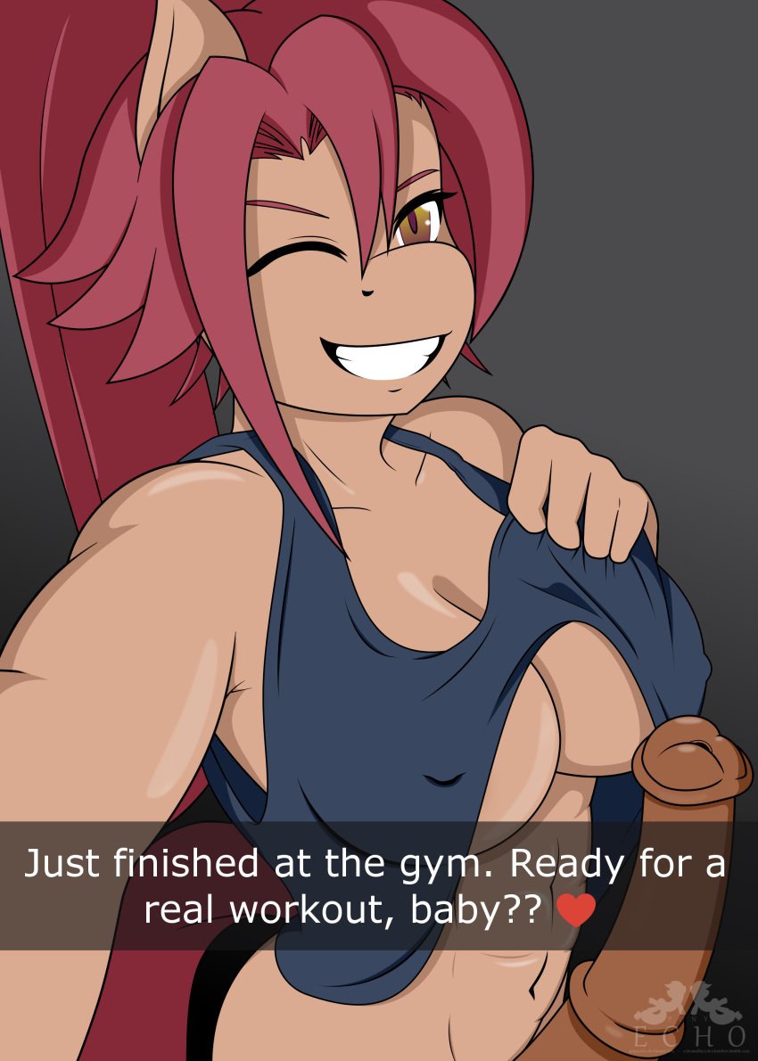 1futa abs anthro bottomless dickgirl furry futa_only futanari grin horsecock intersex looking_at_viewer muscular muscular_futanari nell_clearfield penis pony ponyecho ponytail raider red_hair selfie shirt_lift snapchat solo_futa sweaty tank_top text wink yellow_eyes