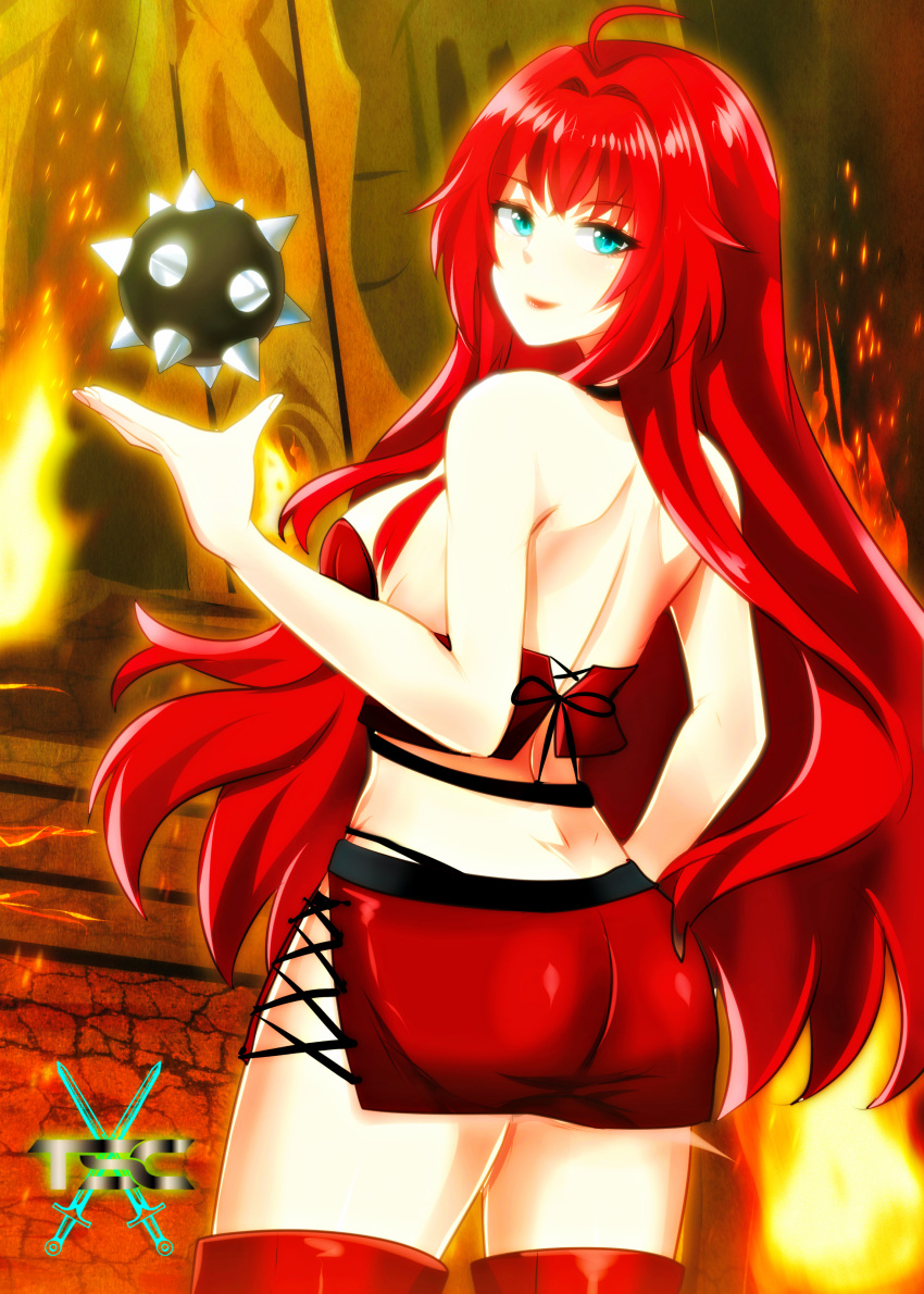 ass bangs beltskirt choker eyebrows_visible_through_hair female female_only fesforia_meilorei fire green_eyes highres lipstick logo long_hair looking_at_viewer looking_back original original_character red_hair sacredcourage skirt the_legendary_tauran'creima the_legendary_tauran'creima:_star_beings_of_the_universe thick_thighs thigh_boots thighs weapon