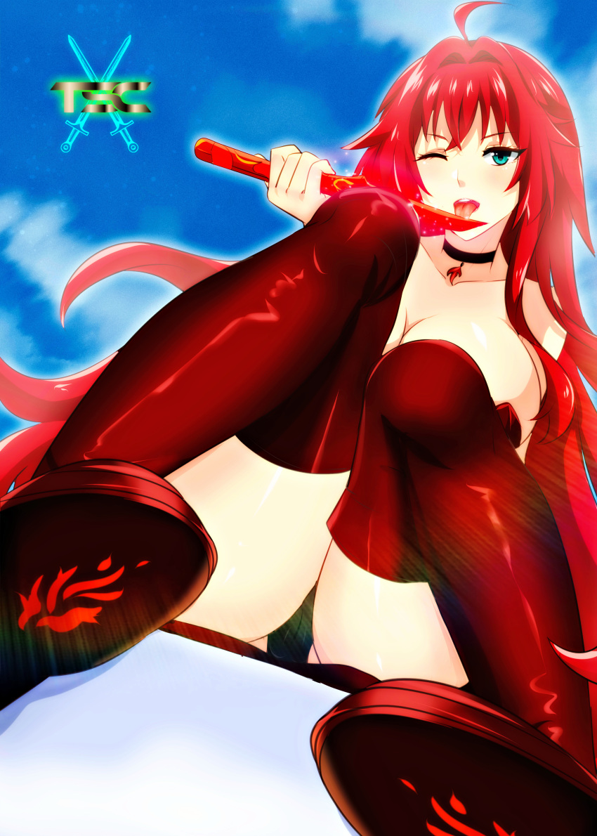 bangs breasts cameltoe choker eyebrows_visible_through_hair feet female female_only fesforia_meilorei foot_fetish green_eyes highres knife licking lipstick logo long_hair original original_character pov_feet red_hair sacredcourage skirt the_legendary_tauran'creima the_legendary_tauran'creima:_star_beings_of_the_universe thick_thighs thigh_boots thighs tongue tongue_out underwear weapon