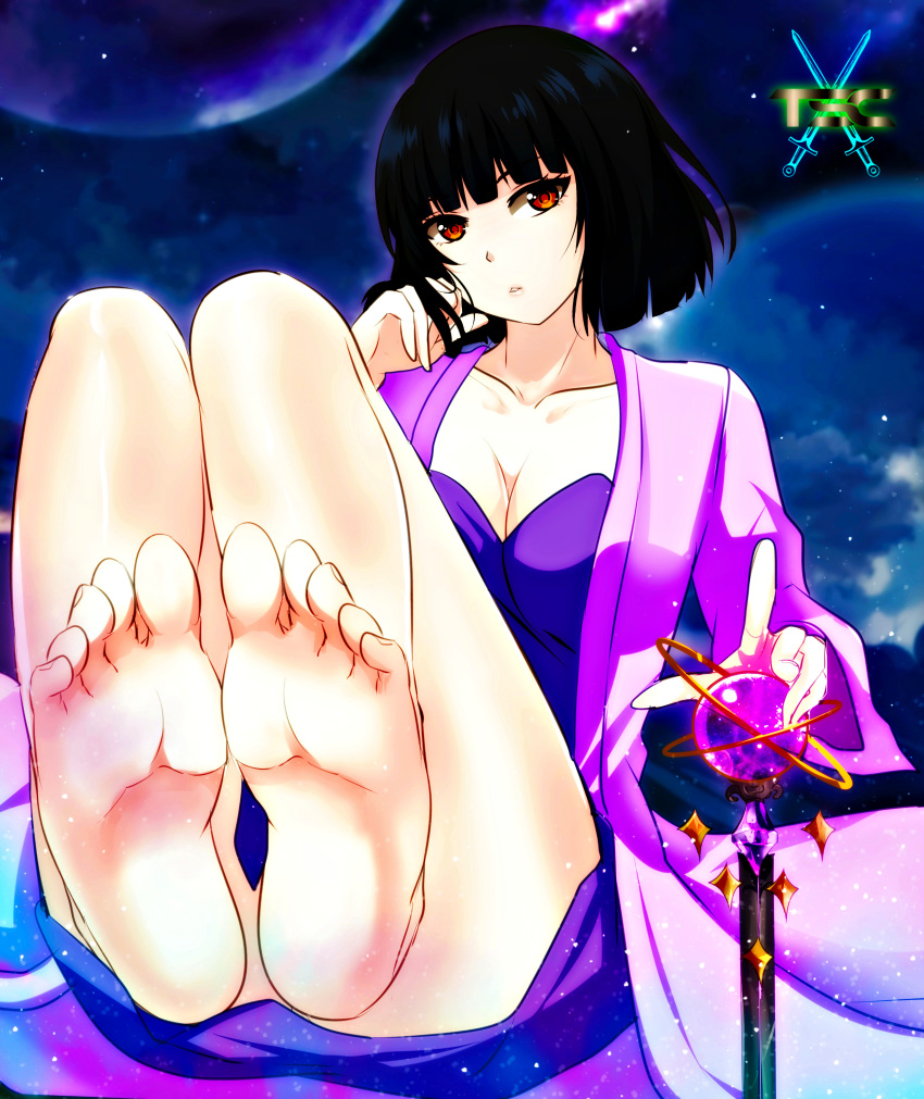 bangs bare_legs barefoot black_hair breasts clothed_female eyebrows_visible_through_hair feet feet_together feet_up female female_only foot_focus highres logo looking_at_viewer original original_character outer_space pointing pointing_at_viewer pov_feet presenting_feet red_eyes robe sacredcourage serenity_addlebeen short_hair sitting soles solo staff the_legendary_tauran'creima the_legendary_tauran'creima:_star_beings_of_the_universe thick_thighs thighs toes