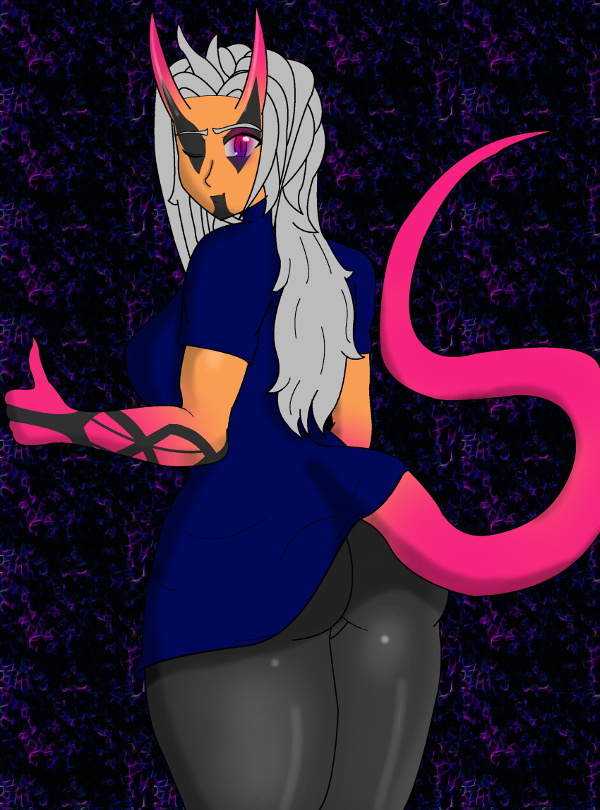 alexemis_blackheart big_breasts big_butt kingenderraptor large_breasts looking_at_viewer looking_back markings orange_skin silver_hair thick_thighs thighs thumbs_up tights yoga_pants