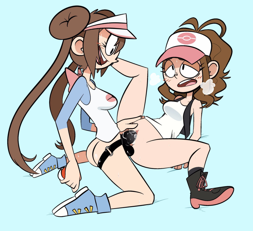 2girls ass big_eyes black_eyes boots bottomless breasts brown_hair clothes female_only femdom femsub half-closed_eyes hat heavy_breathing hilda_(pokemon) human human_only kneeling lezdom medium_breasts missionary_position multiple_girls nintendo on_back p33ls pokemon pokemon_bw pokemon_bw2 ponytail pussy rosa_(pokemon) sex shirt shoes socks spread_legs strap-on thick_thighs twintails vaginal_penetration vest wide_hips yuri