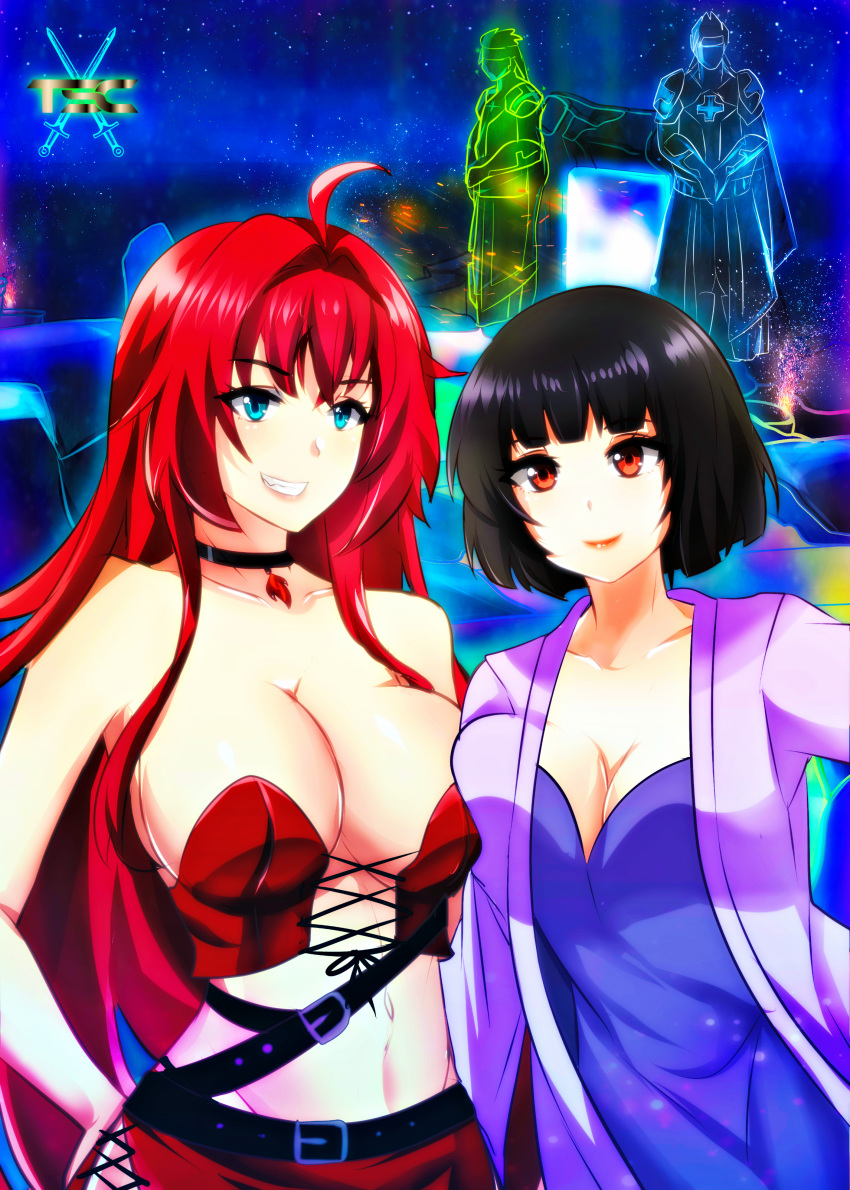 2girls bangs beltskirt black_hair breasts choker eyebrows_visible_through_hair female female_only fesforia_meilorei green_eyes grin highres lipstick logo long_hair looking_at_viewer looking_away night original original_characters red_eyes red_hair robe sacredcourage serenity_addlebeen short_hair skirt smile statue teeth the_legendary_tauran'creima the_legendary_tauran'creima:_star_beings_of_the_universe