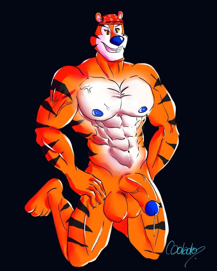 abs anthro balls barazoku biceps bodily_fluids coolado cum erection felid frosted_flakes fur genital_fluids genitals hi_res humanoid kellogg's male male_only mammal mascot muscular muscular_male nipples pantherine pecs penis ricardo_milos smile solo stripes tony_the_tiger