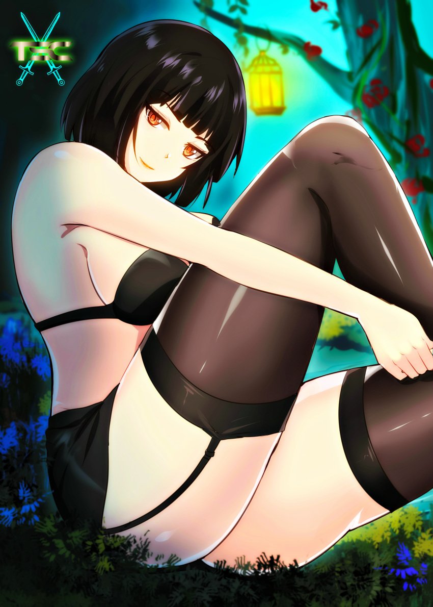 bangs black_hair bra breasts eyebrows_visible_through_hair female female_only forest garter_straps grass highres lamp logo looking_at_viewer night original original_character red_eyes sacredcourage serenity_addlebeen short_hair sitting skirt smile stockings the_legendary_tauran'creima the_legendary_tauran'creima:_star_beings_of_the_universe thick_thighs thighs tree