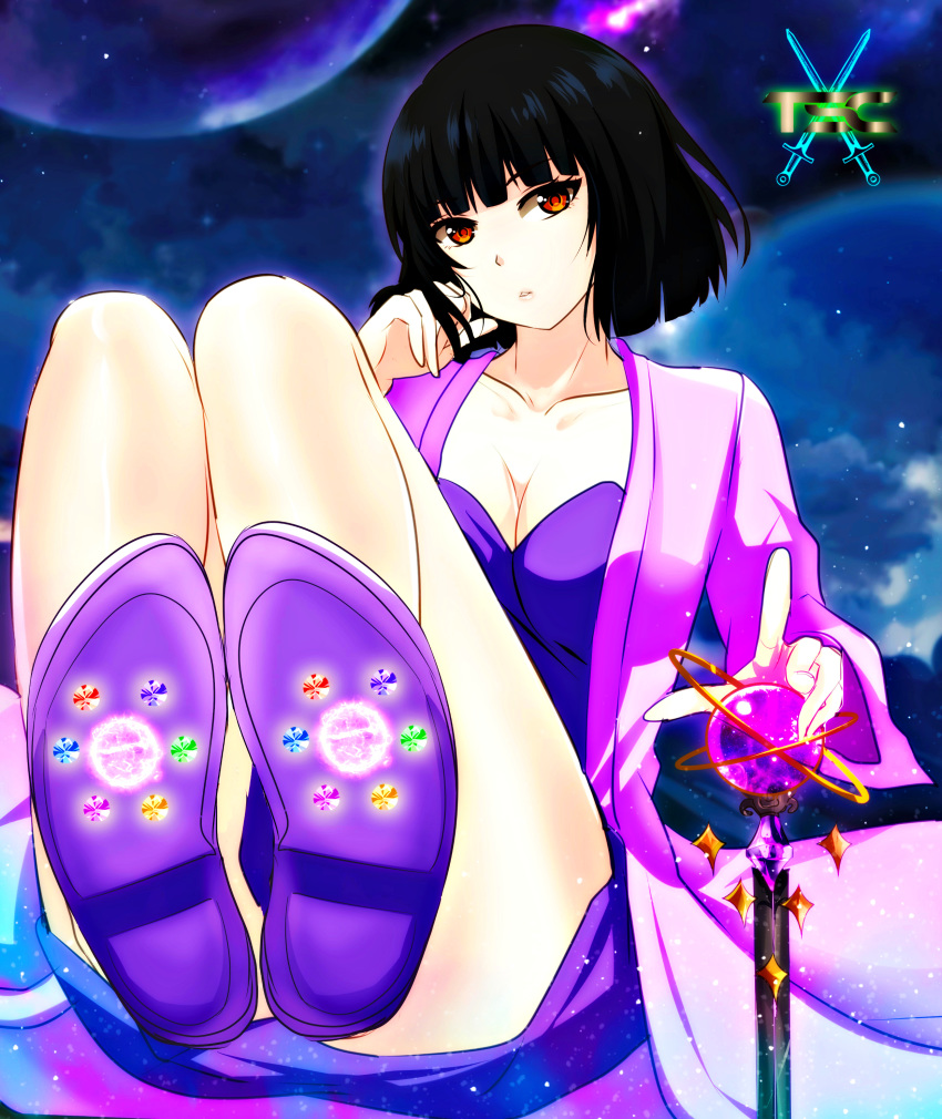 bangs black_hair breasts eyebrows_visible_through_hair feet feet_together feet_up female female_only highres jewelry logo looking_at_viewer orb original original_character outer_space pointing pointing_at_viewer pov_feet red_eyes robe sacredcourage serenity_addlebeen shoes short_hair sitting staff the_legendary_tauran'creima the_legendary_tauran'creima:_star_beings_of_the_universe thick_thighs thighs