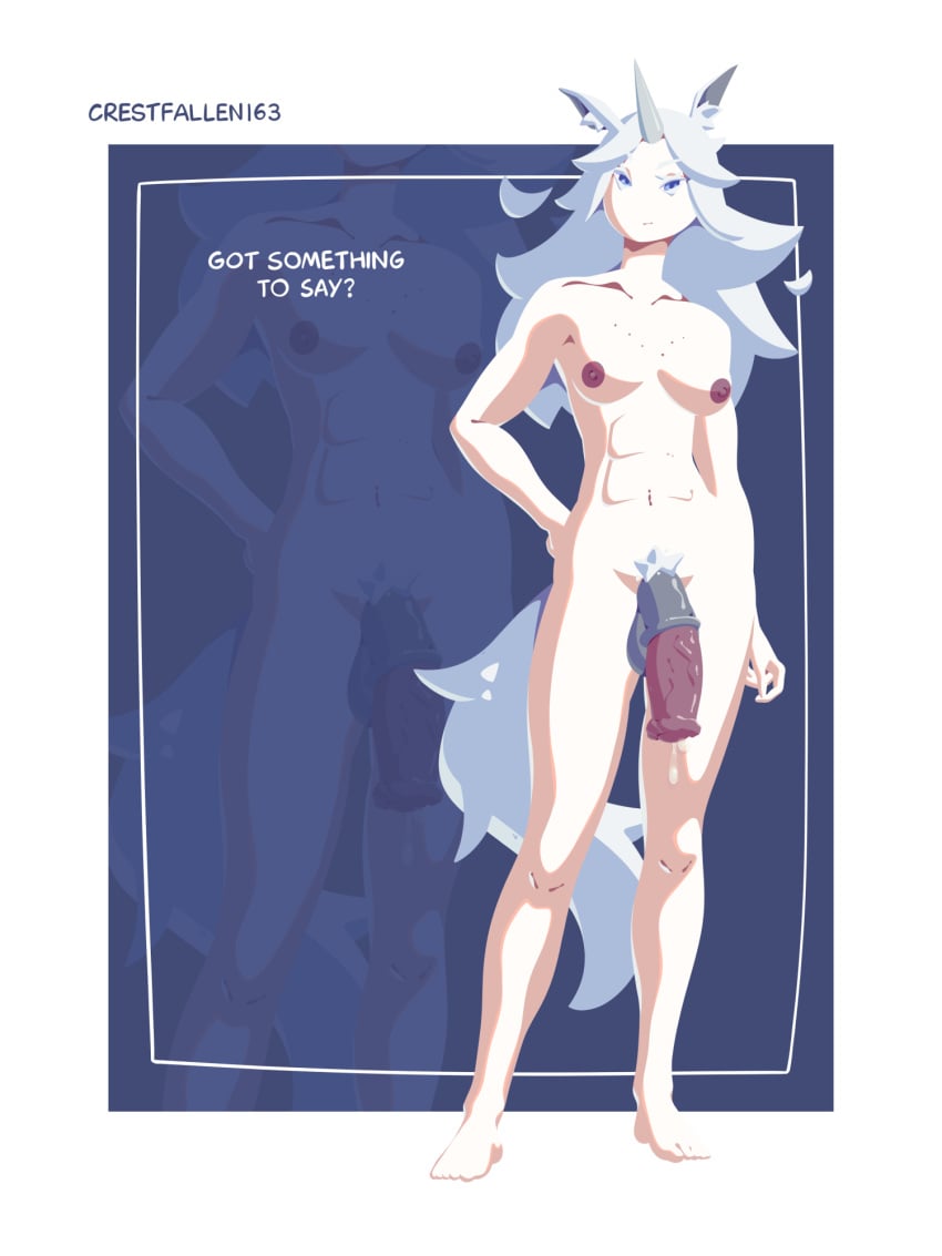 animal_genitalia animal_penis artist_name cel_shading completely_nude crestfallen163 cum_drip flaccid futanari horse_girl horsecock large_penis medium_breasts original original_character pubic_hair self_upload text white_eyelashes white_hair