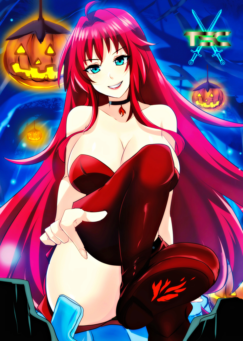 bangs breasts choker eyebrows_visible_through_hair feet feet_up female female_only fesforia_meilorei foot_fetish green_eyes grin highres lipstick logo long_hair looking_at_viewer original original_character pointing pov_feet red_hair sacredcourage sitting skirt teeth the_legendary_tauran'creima the_legendary_tauran'creima:_star_beings_of_the_universe thick_thighs thigh_boots thighs