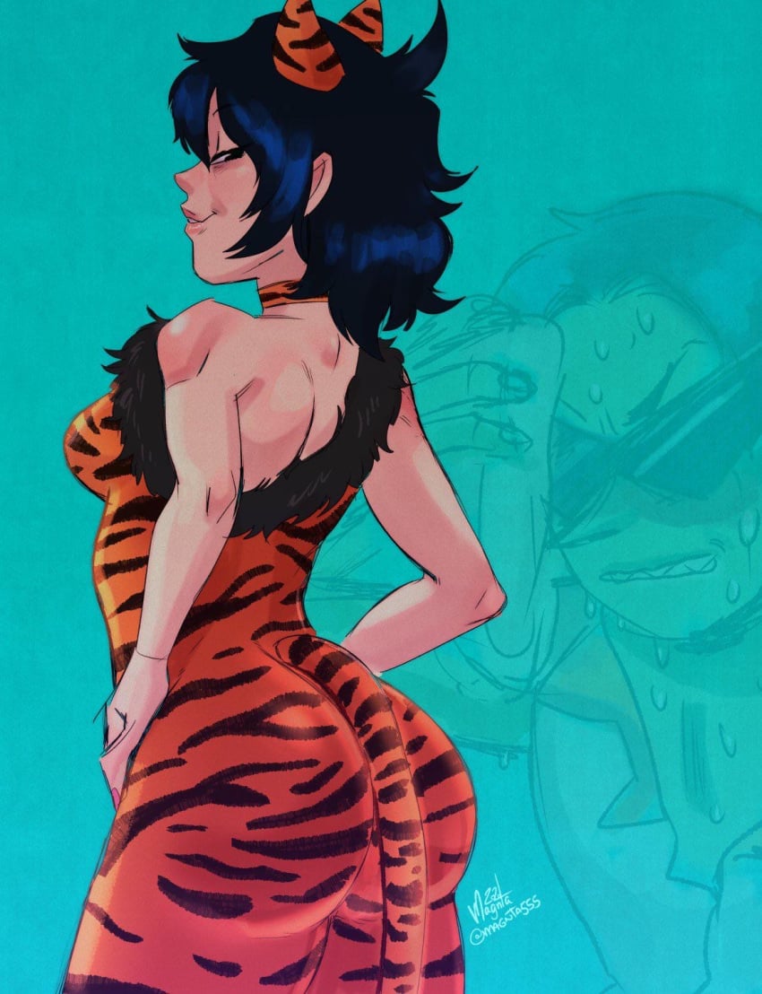 1boy 1girls 2020 ace ace_(powerpuff_girls) ace_copular artist_name breasts female gorillaz magnta male noodle_(gorillaz) noodle_(song_machine) tagme tiger_print twitter_username