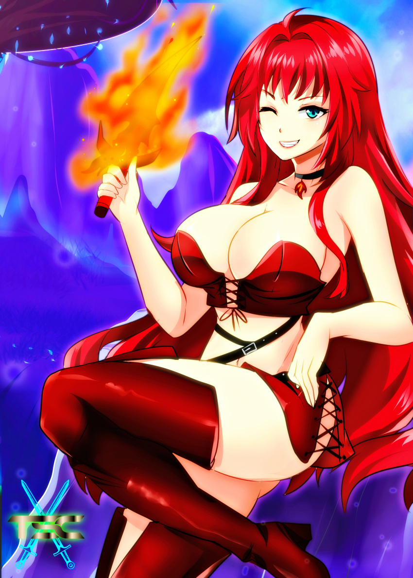 ass_visible_through_thighs bangs beltskirt breasts choker eyebrows_visible_through_hair feet feet_up female female_only fesforia_meilorei fire green_eyes grin highres leaning_back lipstick logo long_hair looking_at_viewer original original_character red_hair sacredcourage skirt sword teeth the_legendary_tauran'creima the_legendary_tauran'creima:_star_beings_of_the_universe thick_thighs thigh_boots thighs watermark weapon wink winking_at_viewer