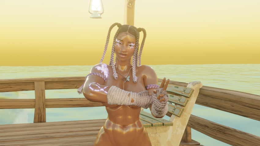 3d 3d_(artwork) beach black_body blender chocolate cute ebony fortnite girl lacoux3d posing waifu2x zuri_(fortnite)