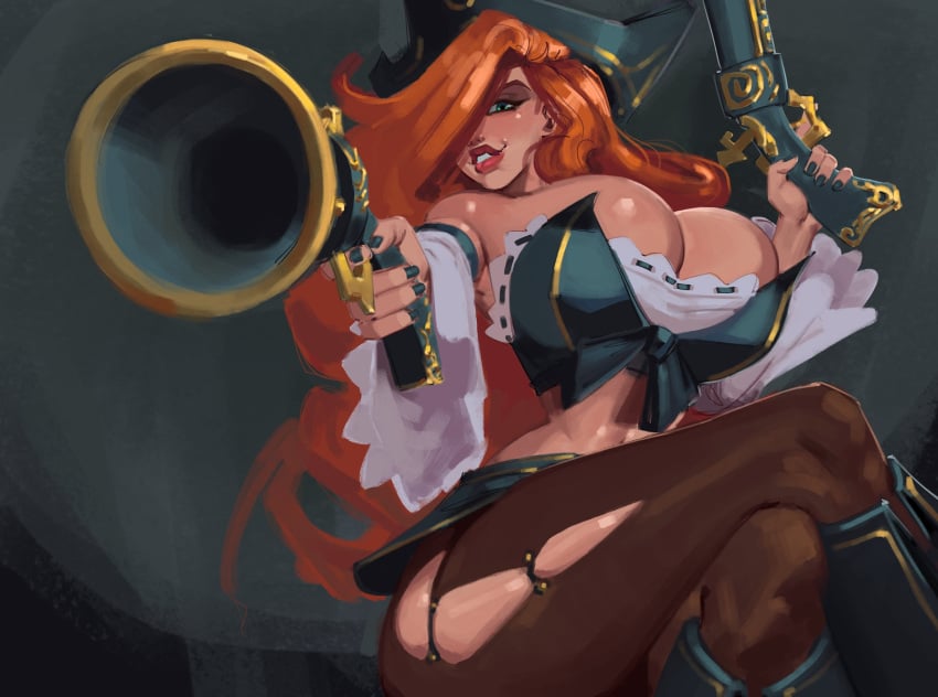 2023 2d 2d_(artwork) big_breasts big_thighs black_fingernails breasts breasts_bigger_than_head busty cleavage female female_focus female_only flintlock ginger ginger_hair green_eyes gun hair_over_one_eye hi_res highres hips hourglass_figure large_breasts league_of_legends legs_crossed light-skinned_female light_skin lips long_hair miss_fortune nezulet pirate pirate_hat pointing_gun red_lips sitting solo solo_female solo_focus thick_thighs thighs voluptuous wide_hips