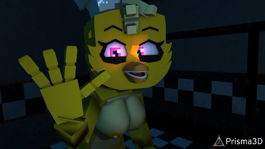 breasts chef_hat chica_(fnaf) five_nights_at_freddy's fnaf glowing_eyes happy happy_expression happy_female huge_breasts nude nude_female orange_beak pink_eyes prisma3d waving_at_viewer yellow_body yellow_fur yellow_hair