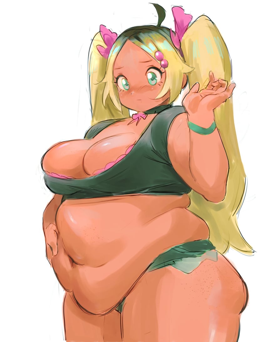 bbw belly belly_bulge big_breasts chubby chubby_female dark-skinned_female dark_skin dyed_hair fat gyaru l30n10 overweight overweight_female shorts tan_body tan_skin twintails