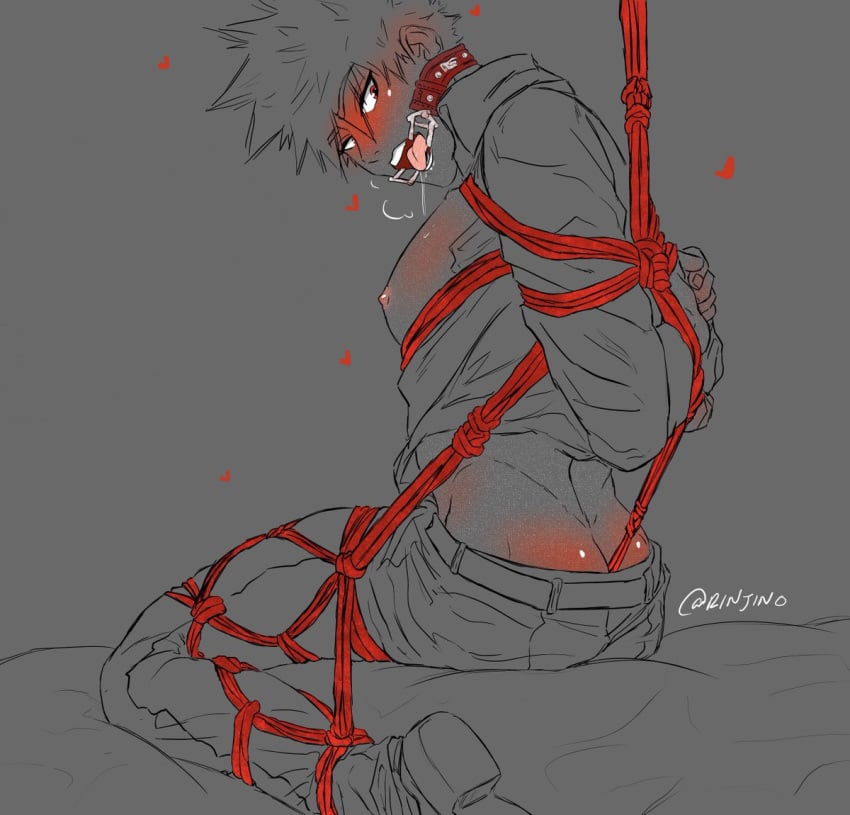 1boy ass_cleavage bed blush bondage butt_crack clothed edit katsuki_bakugou male male_only mouth_open my_hero_academia nipples partially_clothed partially_colored red_rope rope rope_bondage rope_in_ass shoes solo tagme tongue tongue_out watermark yaoi