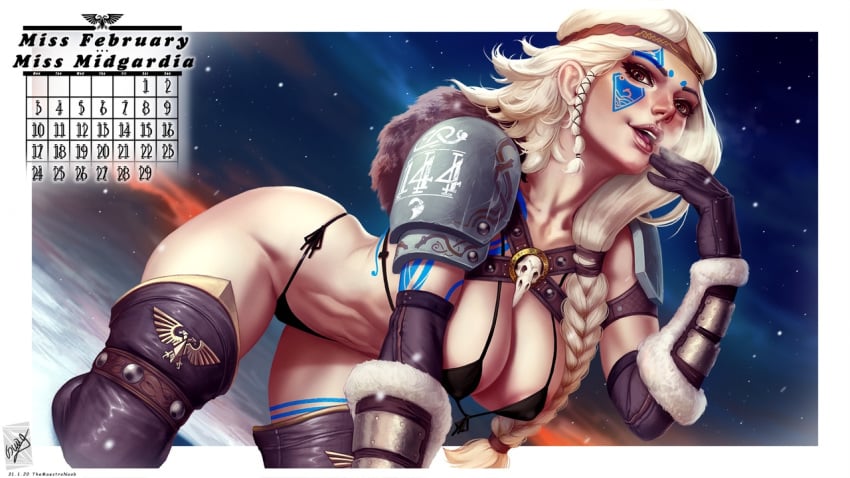 1girls 2020 abs armor ass astra_militarum bare_ass big_breasts blonde_hair breasts brown_eyes calendar_(medium) dated english_text february_(month) female female_only guardswoman_(warhammer_40k) imperial_guard imperium_of_man long_hair looking_at_viewer midgardian_144th posing sci-fi science_fiction scifi smiling smiling_at_viewer solo solo_female source_request string_bikini string_panties tattoo tattoos text themaestronoob underwear warhammer_(franchise) warhammer_40k warrior watermark