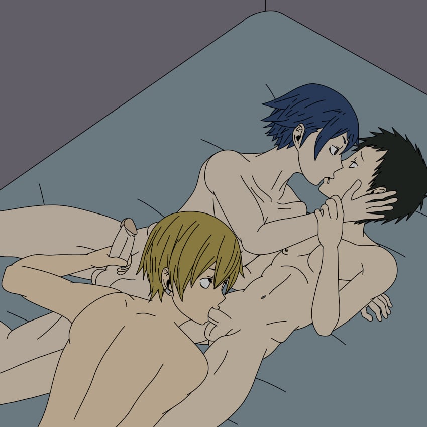 3boys blowjob cyles_cinning drool drooling durarara!! ear_piercing eyes_rolling_back fellatio french_kiss gay gay_blowjob gay_domination gay_kissing gay_sex kida_masaomi kissing kuronuma_aoba makeout making_out male male/male/male male_only mattress multiple_boys penis ryuugamine_mikado skinny submissive_top threesome yaoi young