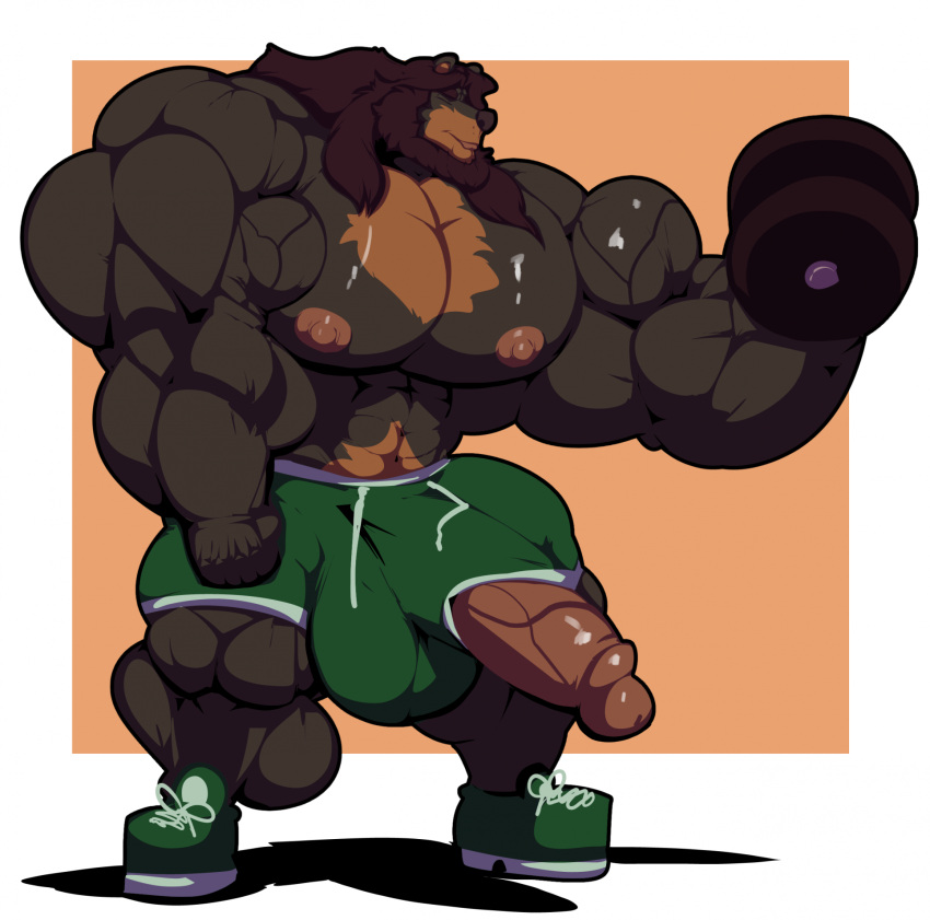 anthro balls bear big_balls big_muscles big_penis bobert boxers_(clothing) brown_body brown_fur brown_hair closed_eyes clothing dumbbell erection footwear fur genitals hair hi_res huge_balls huge_cock huge_muscles huge_pecs humanoid_genitalia humanoid_penis hyper hyper_balls hyper_genitalia hyper_muscles hyper_penis lifting male mammal muscular nipples penis plantigrade red_nipples red_penis shoes solo standing underwear vein veiny_penis weights