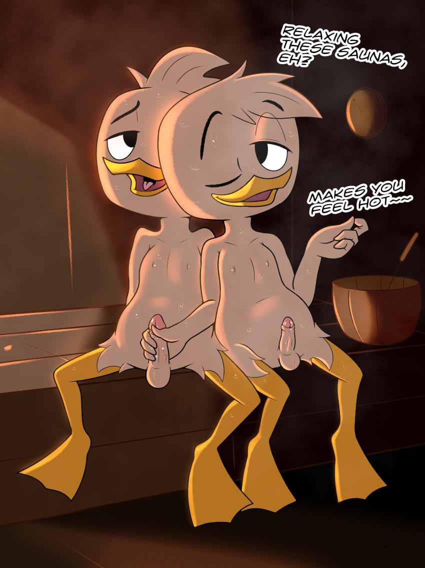 2023 4_fingers absurd_res anatid anseriform anthro anthro_on_anthro avian balls beak bench biped bird black_eyebrows black_eyes black_text bodily_fluids bowl brother brothers container cub dewey_duck dialogue digital_media_(artwork) disney duck ducktales ducktales_(2017) duo english_text erection eye_roll eye_through_hair eyebrow_through_hair eyebrows eyelids feathers feet fingers foreskin furniture genitals glans hair half-closed_eyes handjob hi_res humanoid_genitalia humanoid_penis incest inside limettin looking_at_another looking_at_partner looking_pleasured louie_duck male male/male male_anthro male_cub male_only membrane_(anatomy) narrowed_eyes nipples nude nude_anthro nude_male one_eye_closed open_mouth open_smile partially_retracted_foreskin penile penis penis_size_difference pink_glans pink_tongue sauna sauna_bench sauna_sex scientific_instrument sex sitting sitting_on_bench smile sweat sweatdrop sweaty_body sweaty_face text thermometer toes tongue translucent translucent_hair vein veiny_penis webbed_feet white_arms white_balls white_body white_eyelids white_feathers white_fingers white_foreskin white_hair white_hands white_penis white_text_border wink winking_at_another winking_at_partner wood wood_bench wood_bowl wood_furniture yellow_beak yellow_feet yellow_legs yellow_membrane young