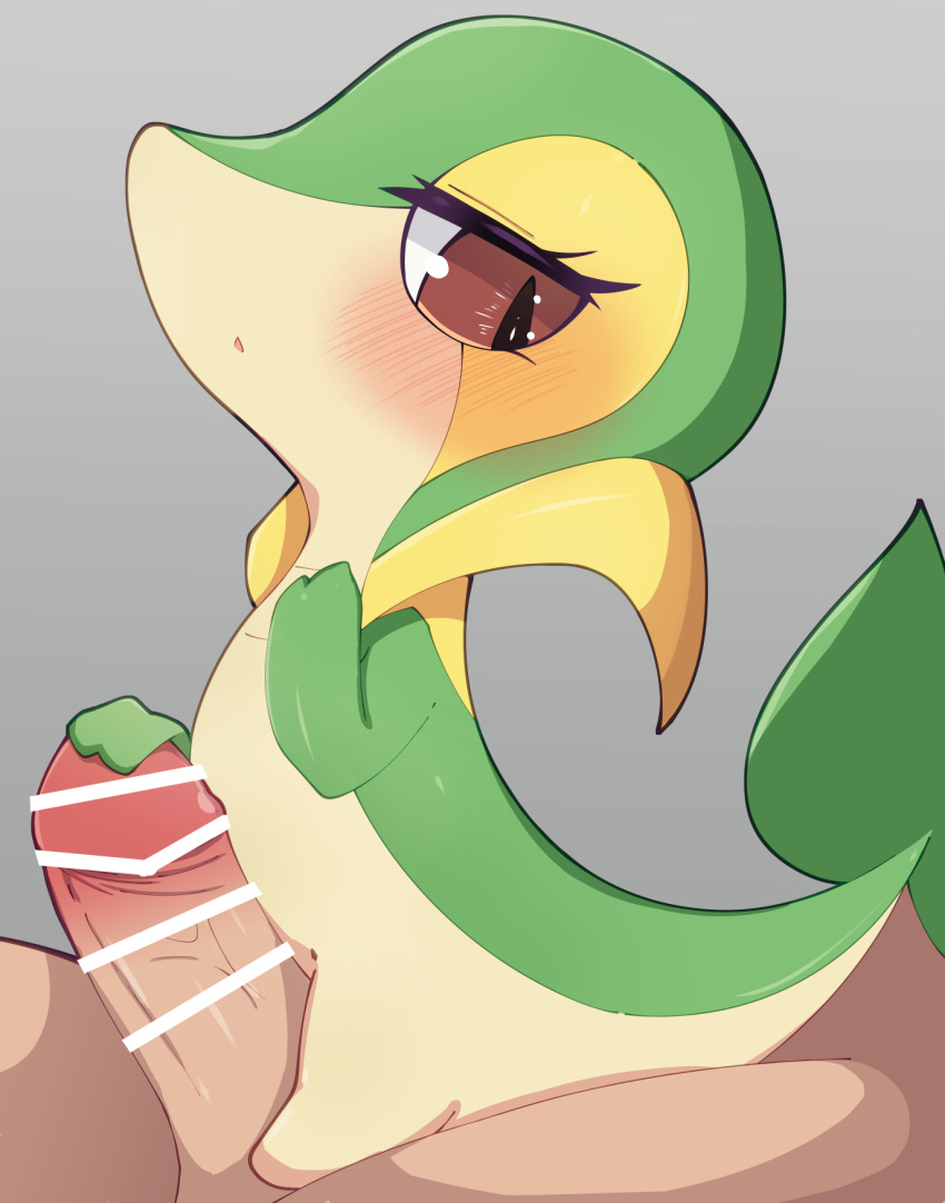 anthro bar_censor biped blush brown_eyes censor_bar censored duo erection female generation_5_pokemon genitals green_body hi_res himimi human male mammal nintendo penis pokemon pokemon_(species) snivy tan_body yellow_body